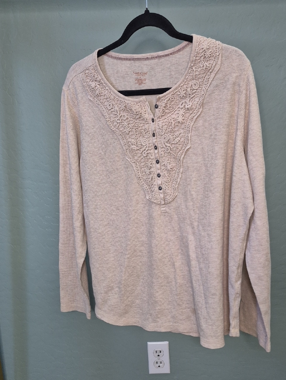 Northcrest Lace-Yoke Long Sleeve Henley - Light Cream